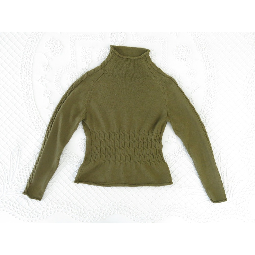 Jaeger Cable Knit Sweater Womens Medium Mock Roll Neck Brown New Wool Fitted